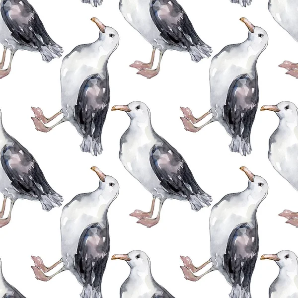 Sky bird seagull in a wildlife. Wild freedom, bird with a flying wings. Watercolor illustration set. Watercolour drawing fashion aquarelle. Seamless background pattern. Fabric wallpaper print texture. — Stock Photo