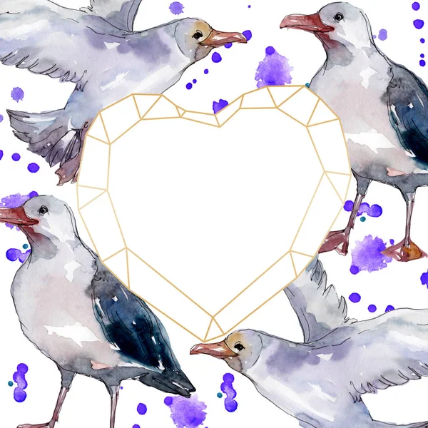 Sky bird seagull in a wildlife. Wild freedom, bird with a flying wings. Watercolor background illustration set. Watercolour drawing fashion aquarelle isolated. Frame border ornament square. — Stock Photo