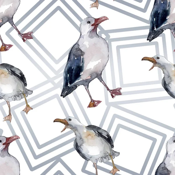 Sky bird seagull in a wildlife. Wild freedom, bird with a flying wings. Watercolor illustration set. Watercolour drawing fashion aquarelle. Seamless background pattern. Fabric wallpaper print texture. — Stock Photo