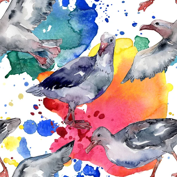 Himmelsvogel Möwe in einer Tierwelt. Wilde Freiheit, Vogel mit fliegenden Flügeln. Aquarell-Illustrationsset vorhanden. Aquarell zeichnen Mode-Aquarell. nahtlose Hintergrundmuster. Stoff Tapete drucken Textur. — Stockfoto