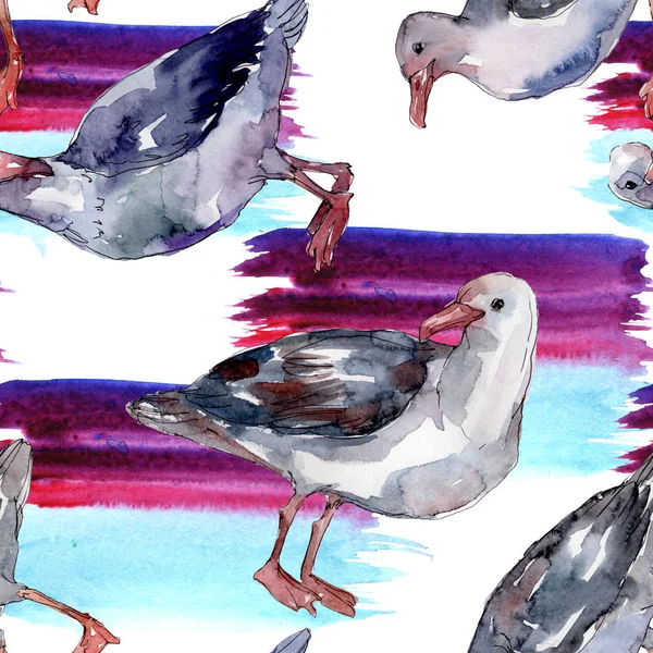 Gaviota pájaro cielo en una vida silvestre. Libertad salvaje, pájaro con alas voladoras. Juego de ilustración en acuarela. Acuarela dibujo moda aquarelle. Patrón de fondo sin costuras. Textura de impresión de papel pintado de tela . - foto de stock