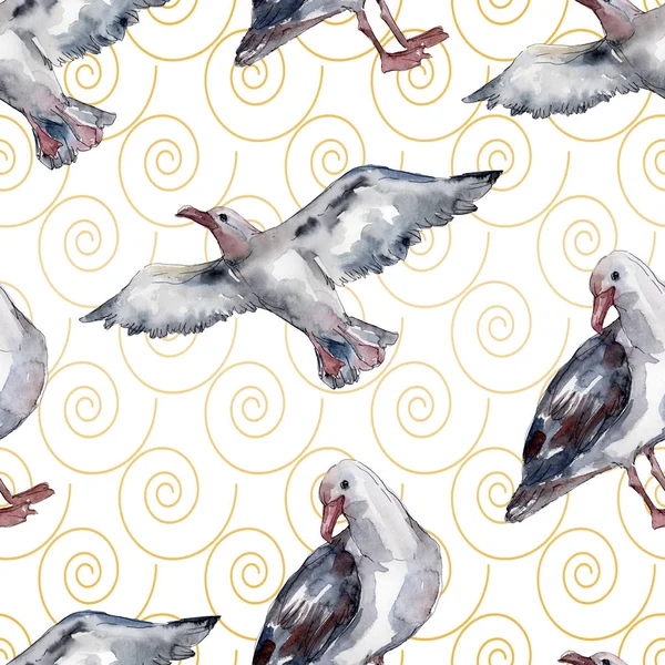 Sky bird seagull in a wildlife. Wild freedom, bird with a flying wings. Watercolor illustration set. Watercolour drawing fashion aquarelle. Seamless background pattern. Fabric wallpaper print texture. — Stock Photo