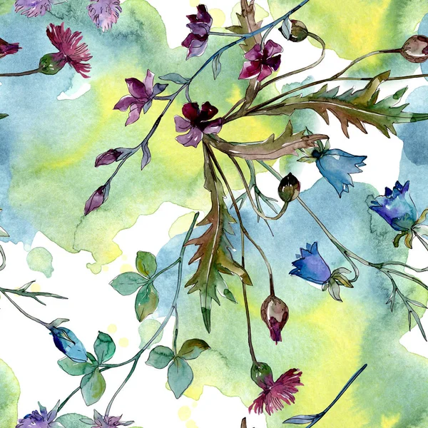 Flores silvestres flores botânicas florais. Conjunto de ilustração de fundo aquarela. Padrão de fundo sem costura . — Fotografia de Stock