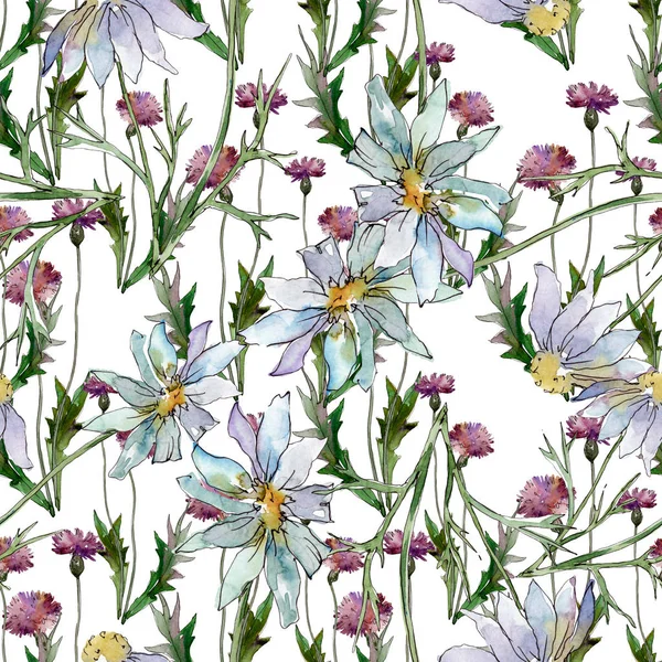 Wildblumen florale botanische Blumen. wilde Frühlingsblume. Aquarell-Illustrationsset vorhanden. Aquarell zeichnen Mode-Aquarell. nahtlose Hintergrundmuster. Stoff Tapete drucken Textur. — Stockfoto