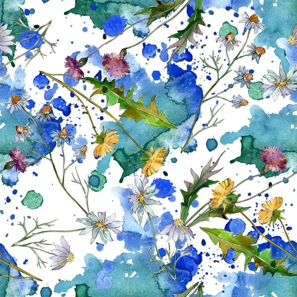 Wildblumen florale botanische Blumen. wilde Frühlingsblume. Aquarell-Illustrationsset vorhanden. Aquarell zeichnen Mode-Aquarell. nahtlose Hintergrundmuster. Stoff Tapete drucken Textur. — Stockfoto