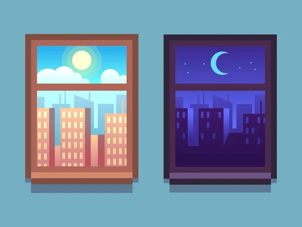 Day and night window. Cartoon skyscrapers at night with moon and stars, at day with sun inside home windows.