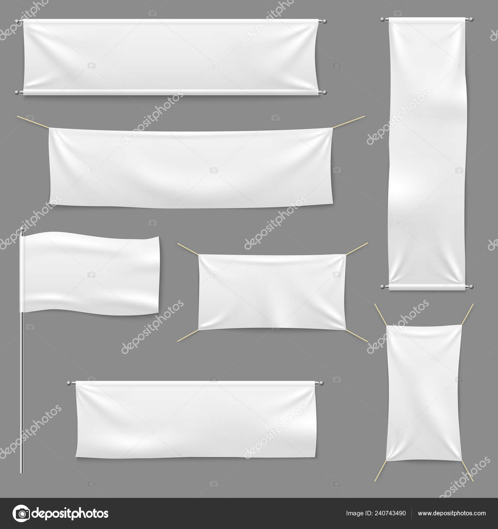 Download White Textile Banners Blank Fabric Flag Hanging Canvas Sale Ribbon Horizontal And Textile Banntemplate Advertising Set Stock Vector C Yummybuum 240743490 PSD Mockup Templates