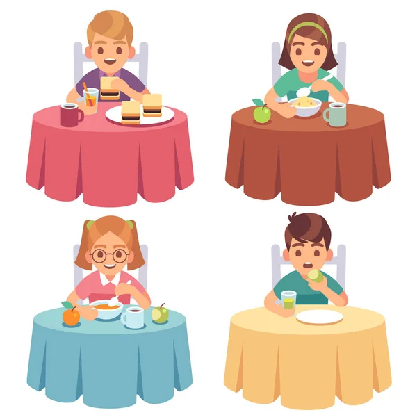 Children eating. Kids eat dinner table child breakfast lunch fast food dining girl boy cartoon characters set — Stock Illustration Children eating. Kids eat dinner table child breakfast lunch fast food dining girl boy cartoon characters set Vector Graphics