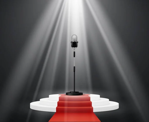 Entertainment industry. Microphone stand on stage round podium. Pedestal platform illuminated ceremony vector illustration