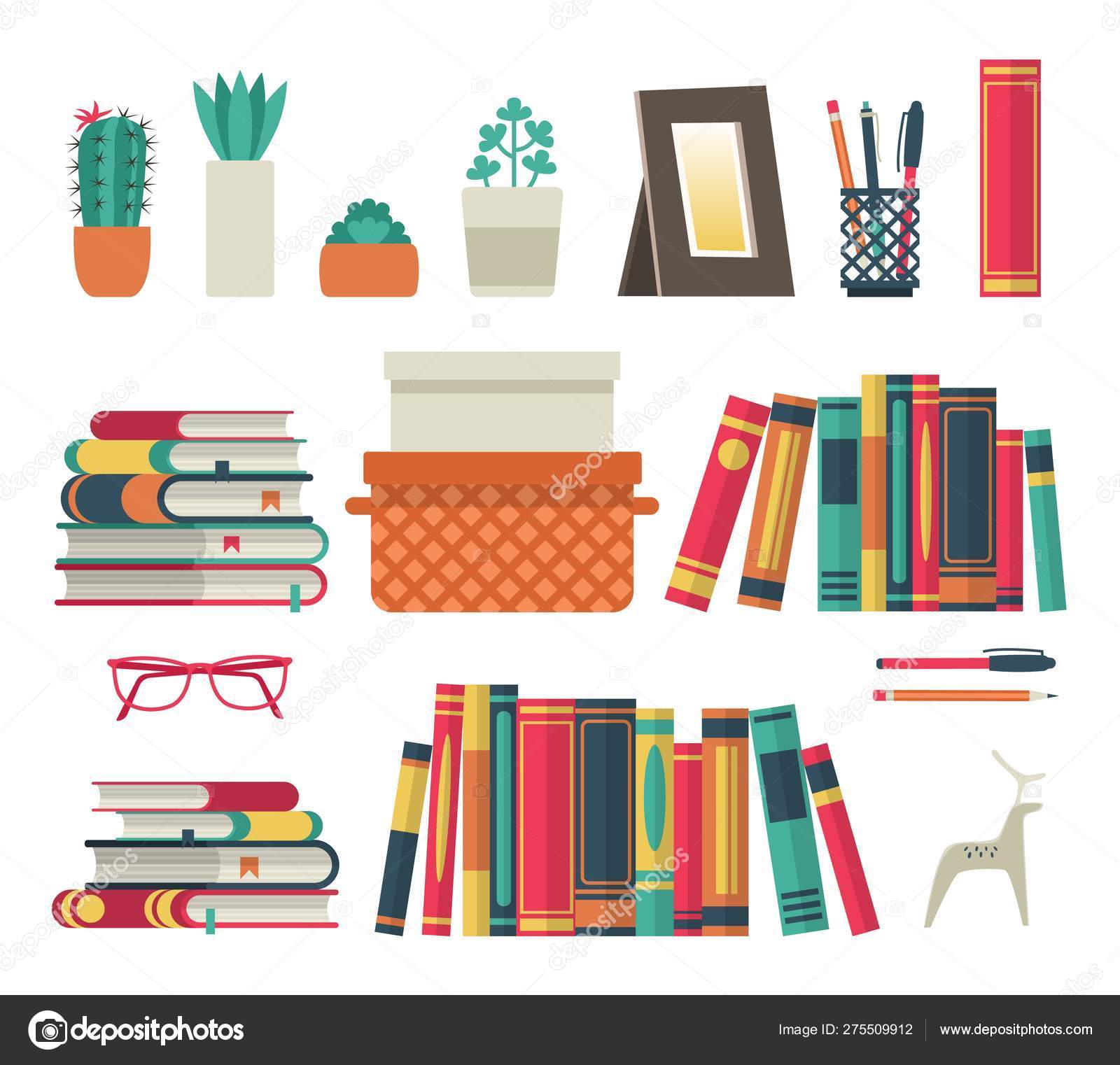 Bookshelves Set Flat Shelf Book In Room Library Reading Book