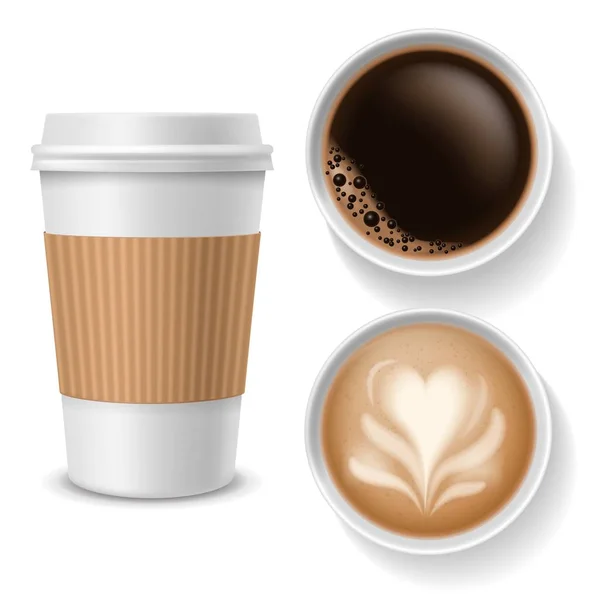 Takeaway coffee cups. Top view beverages in paper white, brown coffee cup with cappuccino americano espresso latte. Realistic vector