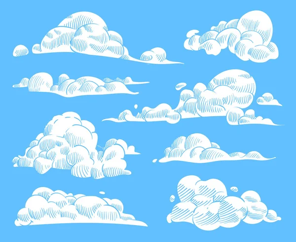 Hand drawn clouds. Sketch cloudy sky, vintage engraved curled cloud. Doodle nature heaven, outline weather symbols creative vector set