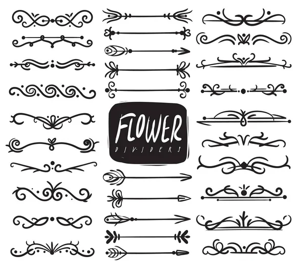 Flower ornament dividers. Ornamental divider and sketch leaves ornaments, decorative arrows, drawn vine borders. Vector collection