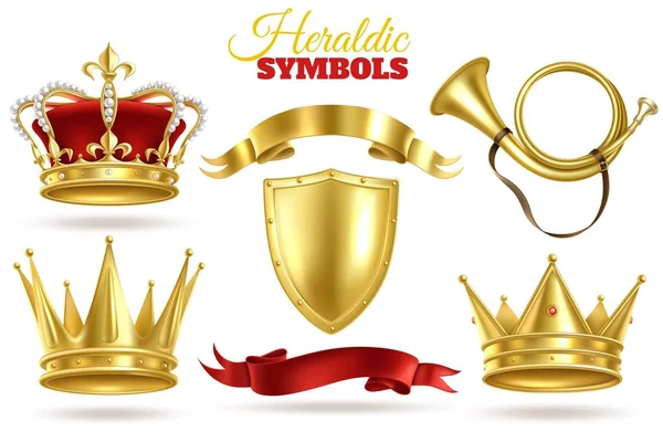 Realistic heraldic symbols. Golden crowns, king and queen gold diadem. Trumpet, shield and ribbons royal vintage vector decoration