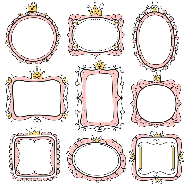 Princess frames. Pink cute floral mirror frames with crown, kids certificate borders. Little girl birthday invitation card vector set Vector Graphics