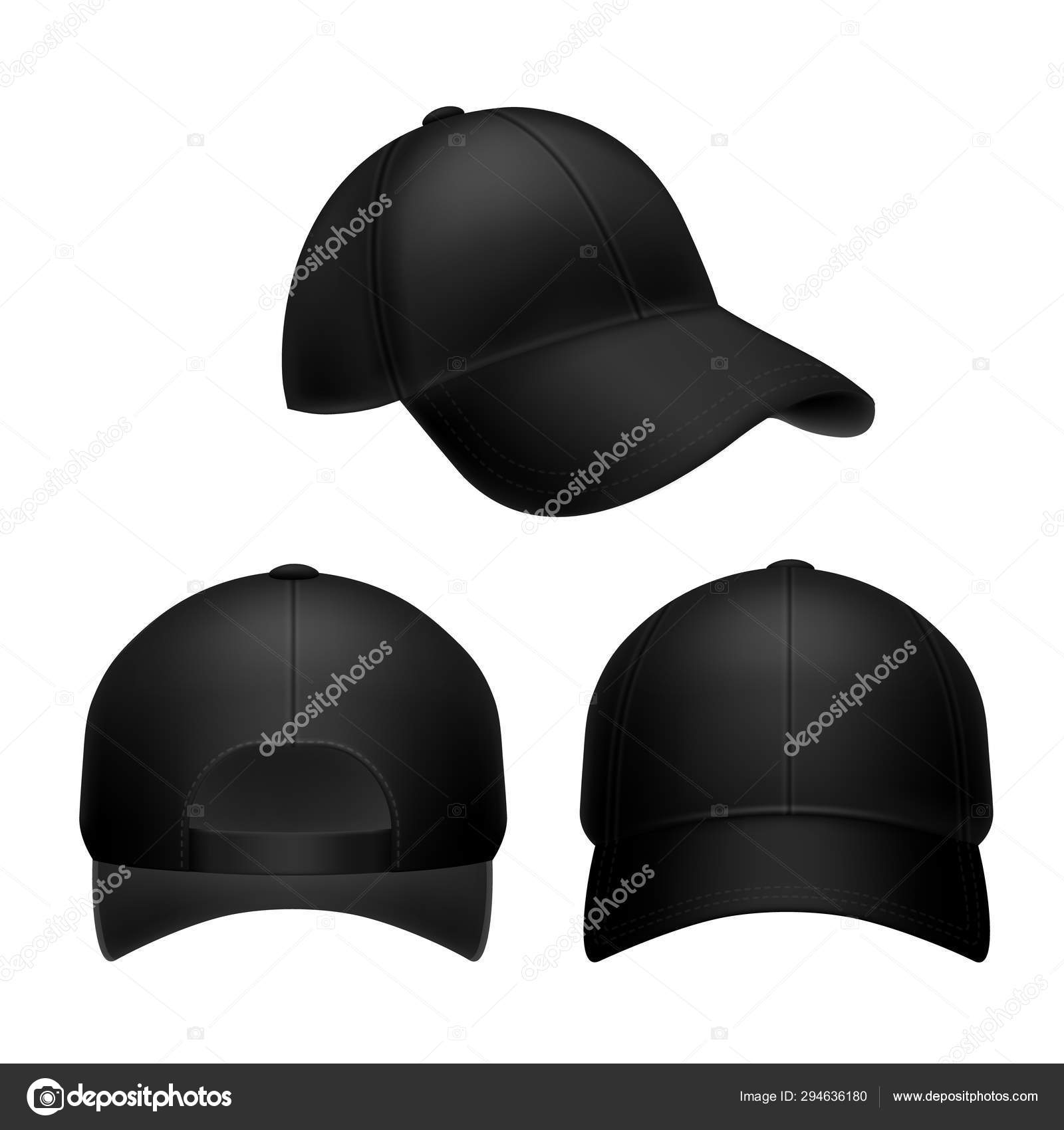 Download Black Baseball Cap Empty Hat Mockup Headwear Caps In Back Front And Side View Corporate Uniform Clothes Cap Realistic Vector Set Vector Image By C Yummybuum Vector Stock 294636180
