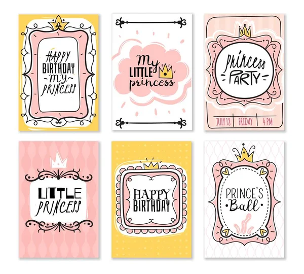 Princess cards. Vintage cute pink frame with gold crown, girl birthday invitation card, baby shower greeting card vector decoration Vector Graphics