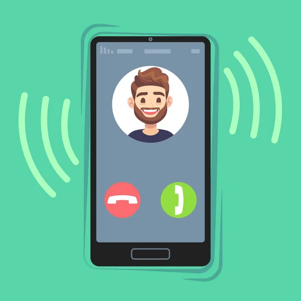 Incoming call on mobile phone. Friend photo on ringing phones screen. Calling display with contact info and buttons vector concept