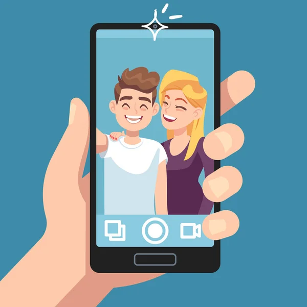 Selfie berpasangan. Teman-teman muda membuat foto selfie romantis dengan smartphone, pria dengan wanita mengambil foto di kamera konsep vektor Stok Vektor Bebas Royalti
