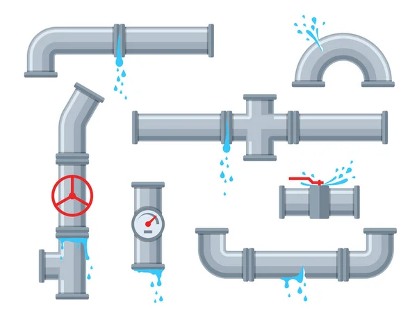 Pipe with leaking water. Broken pipes with leakage, plastic pipeline rupture. Dripping drain faucet, water supply problems vector set — Stock Illustration Pipe with leaking water. Broken pipes with leakage, plastic pipeline rupture. Dripping drain faucet, water supply problems vector set Vector Graphics
