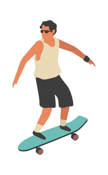 Man rides skateboard. Happy young guy skateboarding flat vector street activities concept