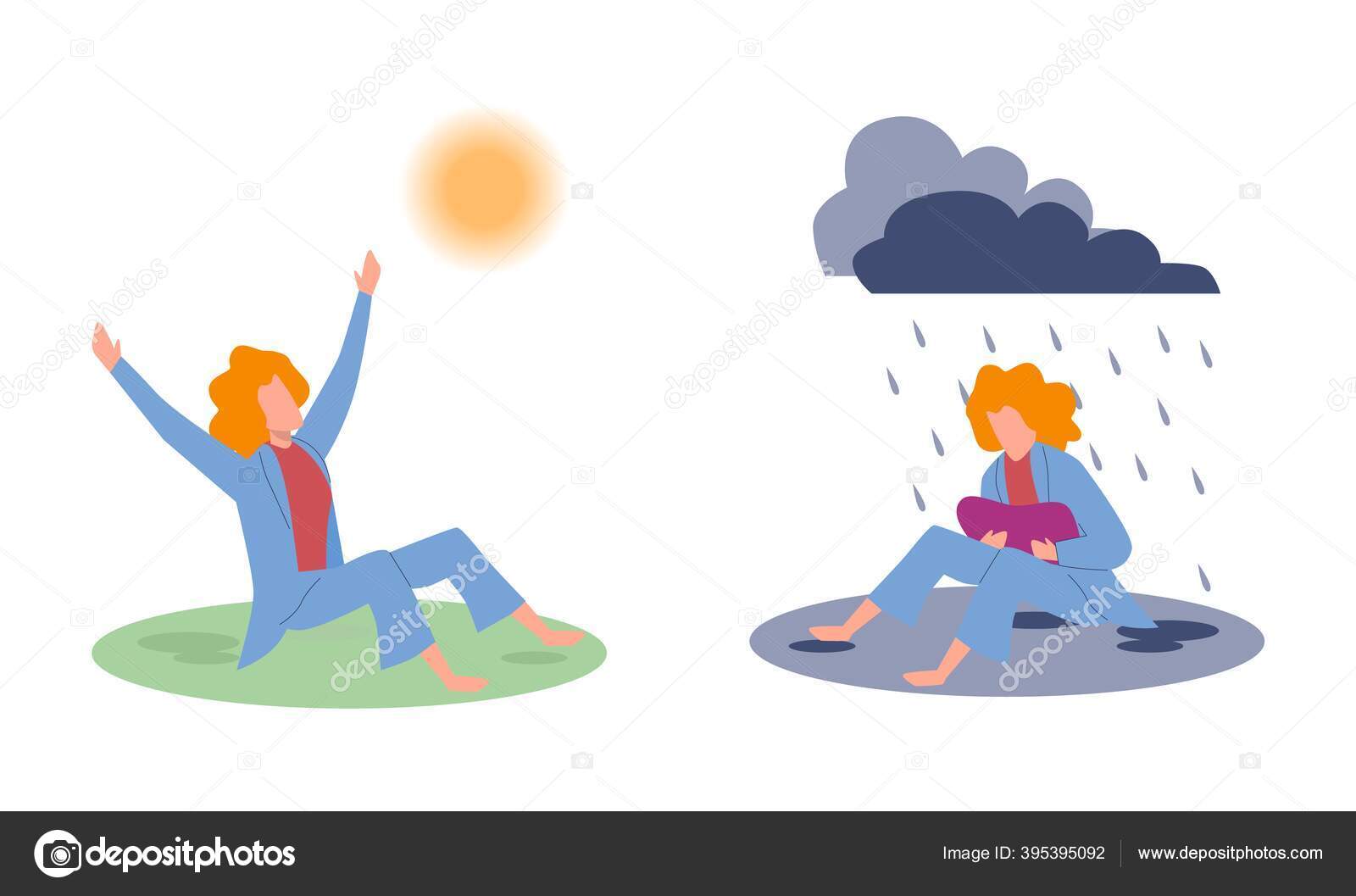 Freude Und Traurigkeit Traurige Frau Unter Regenwolken Und Gluckliche Frau Unter Sonne Negative Und Positive Emotionen Vor Und Nach Psychotherapie Konzept Zeichentrick Flachvektorisolierte Illustration Vektorgrafik Lizenzfreie Grafiken