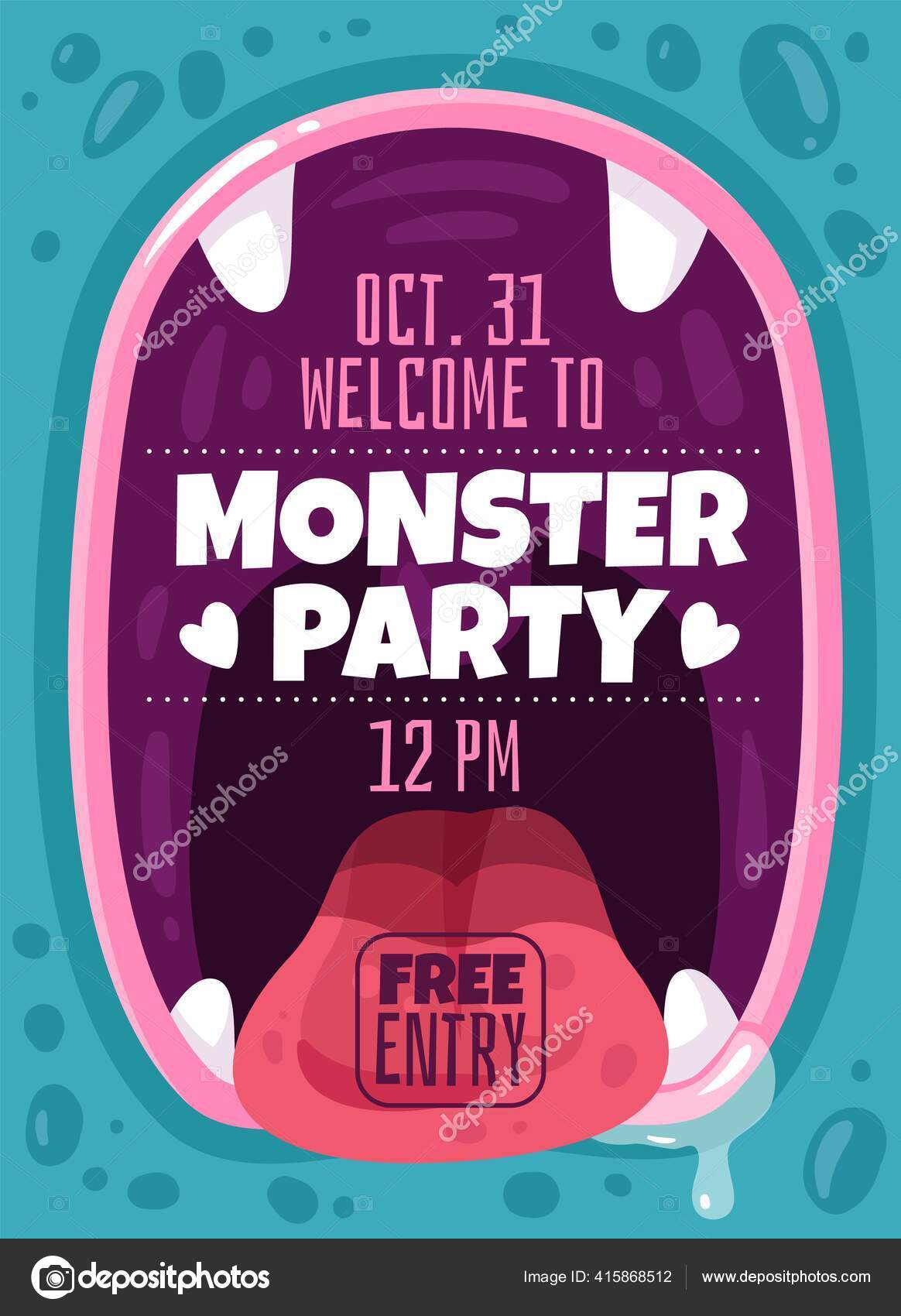 Monsterparty Farbige Einladung Kinder Flyer Fur Halloween Abend Kiefer Bizarre Kreaturen Munder Mit Zahnen Und Schriftzug Beangstigende Mutanten Oder Fremde Design Vorlage Cartoon Vektor Poster Vektorgrafik Lizenzfreie Grafiken C Yummybuum