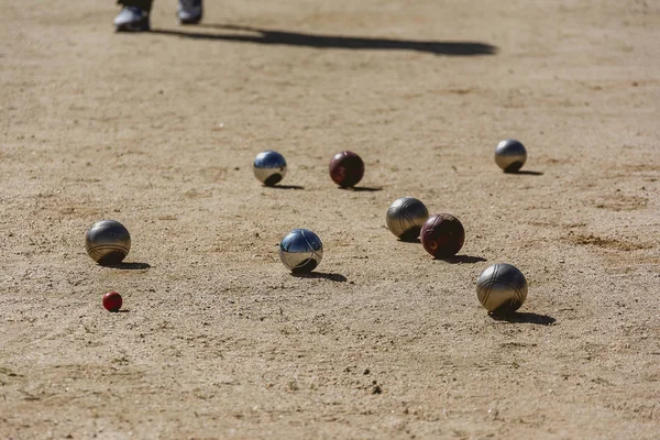 Petanque Μπάλες Στο Παιχνίδι Κομμάτι Ενώ Παίζεται Αγώνας — Φωτογραφία Αρχείου