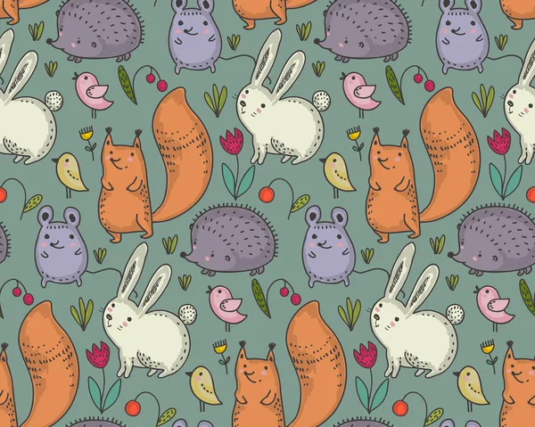 Vector seamless pattern with hand drawn wild forest animals,