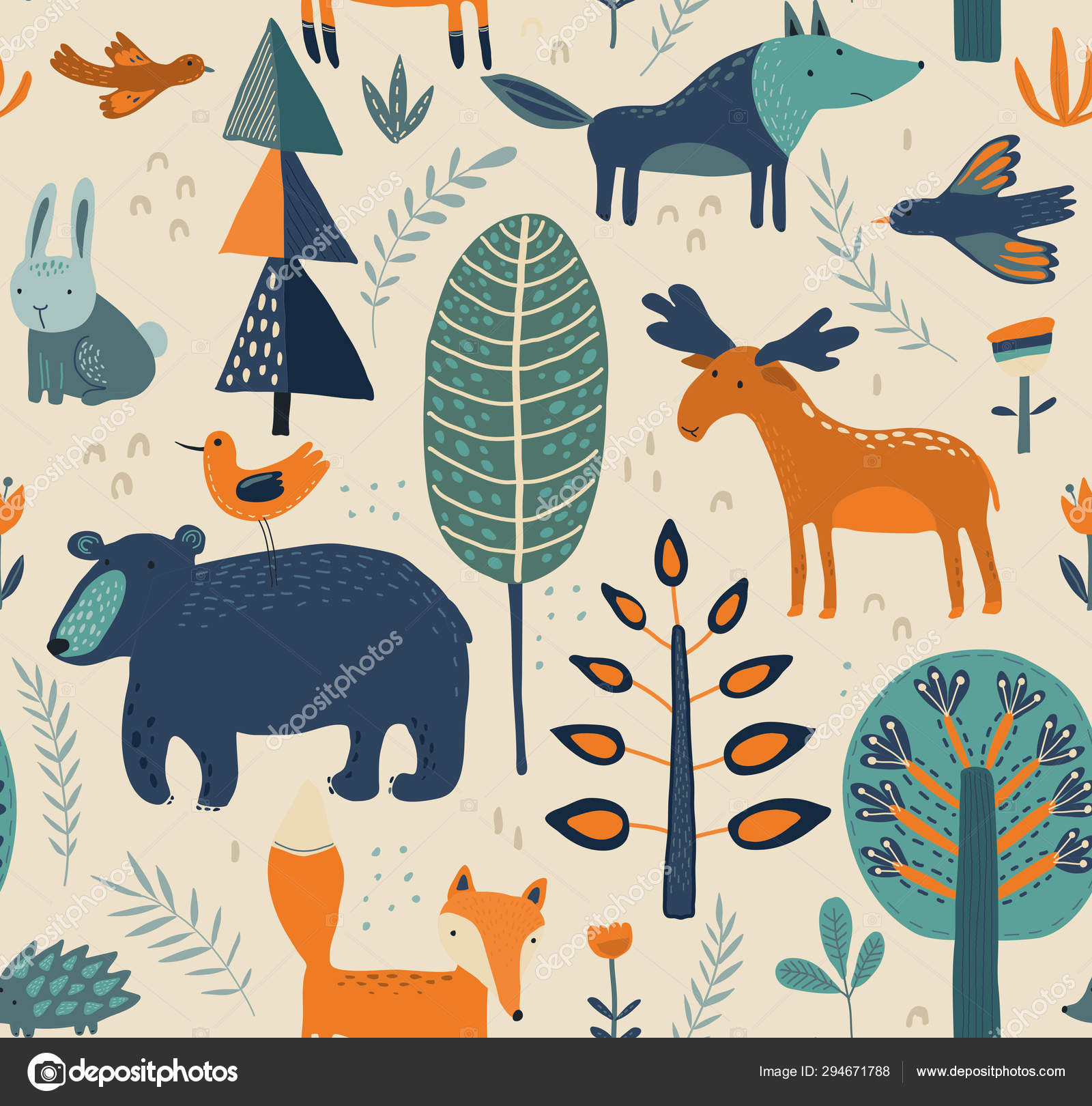 Download Vector Seamless Pattern With Hand Drawn Forest Animals Trees Flowers And Plants Vector Image By C Andwombat Vector Stock 294671788