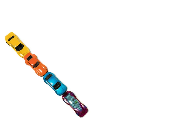 Multi Colored Toy Cars Lined White Background Copy Space Text — Stock Photo, Image