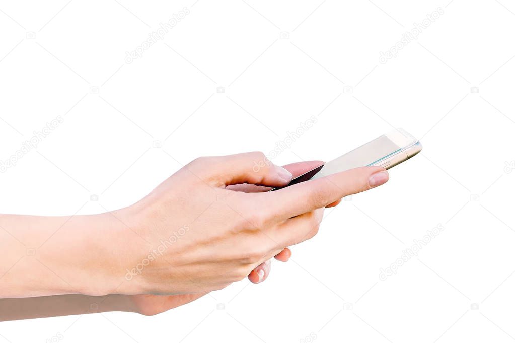 Closeup Isolate, Phone in female hands. White background.