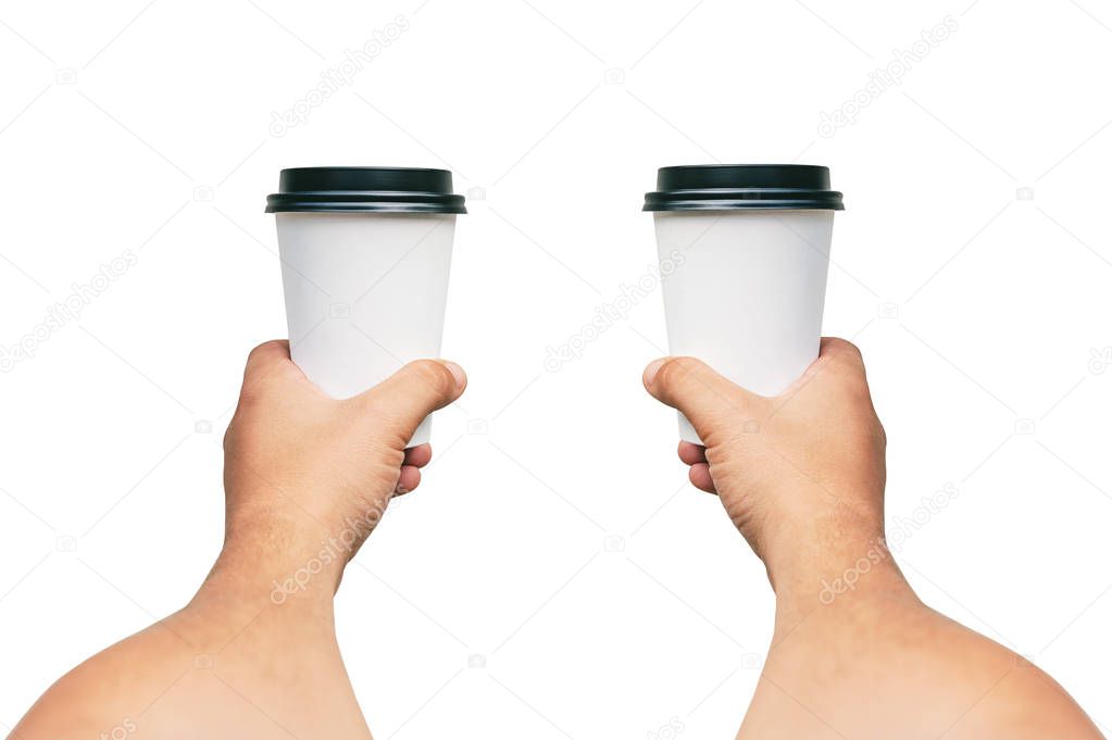 Isolated Takeaway cup for Coffee, Tea in a guy s hands with a black cap. on a white background.