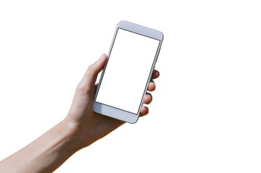 Akıllı telefonu izole et, kadın ellerine yakın çekim yap. Beyaz arkaplan