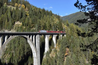İsviçre tren sonbaharda bir viyadük üzerinde geçirerek