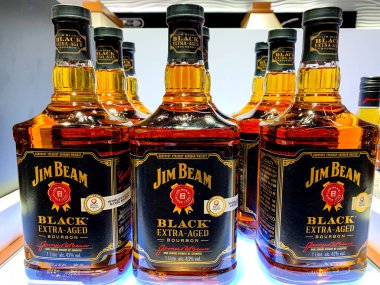 Bottles of Jim Beam, extra aged black bourbon with 43% alcohol on display. Jim Beam is a brand of bourbon whiskey produced in Clermont, Kentucky. Istanbul/ Turkey - April 2019