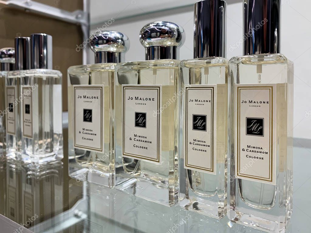 Jo Malone perfumes on display on a shop. Jo Malone London is a British perfume and scented candle brand, founded by Jo Malone in 1983. Rare niche perfumes. Istanbul/ Turkey - April 2019