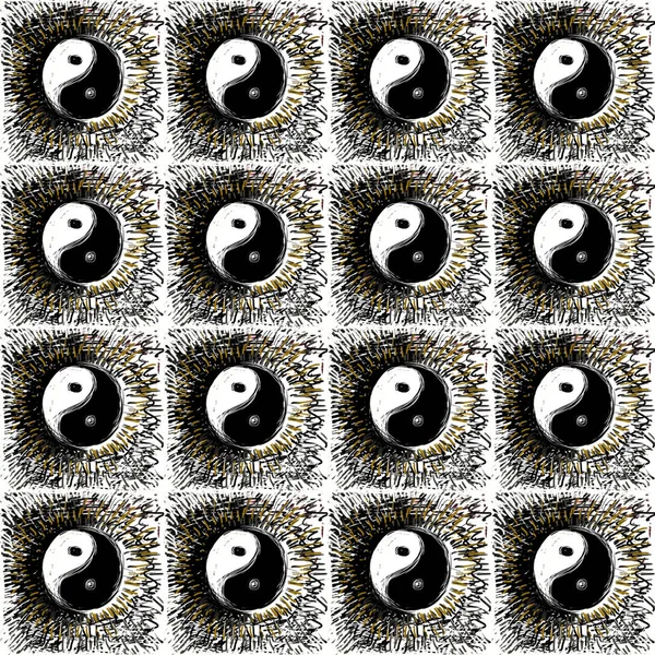 Seamless black and white pattern with yin and yang symbols