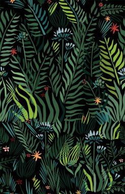 Yaprakları olan tropik renkli bir arka plan. Kusursuz moda çiçek deseni..