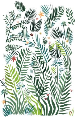 Yaprakları ve çiçekleri olan tropikal renkli arka plan