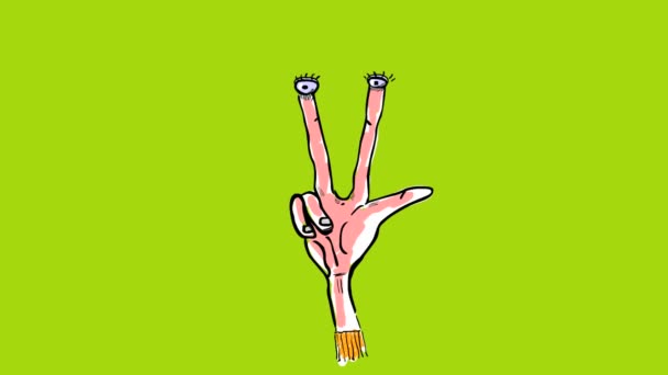 Funny Cartoon Hand Eyes Making Peace Sign — Stock Video