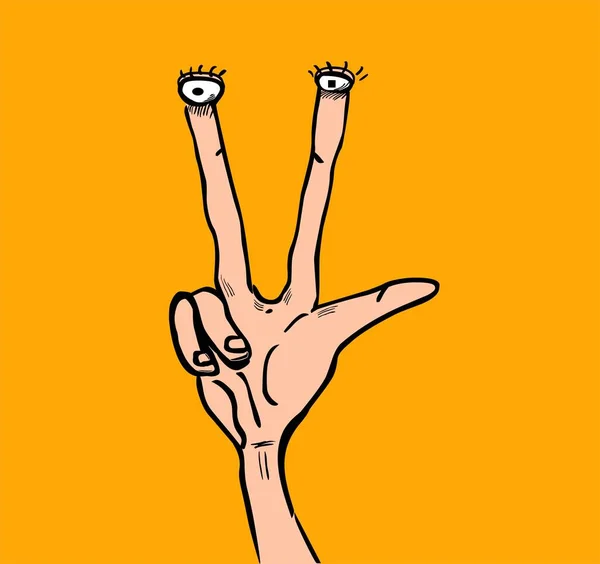 Drôle Dessin Animé Main Avec Les Yeux Faisant Signe Paix — Image vectorielle