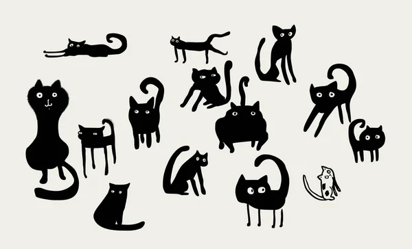 Set Funny Black Cats Cartoon Illustration — Stock Vector