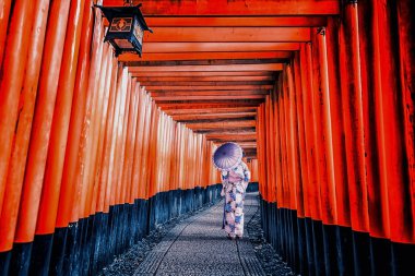 Fushimi Inari Taisha tapınak Kyoto, Japonya'nın geleneksel elbise ile kız