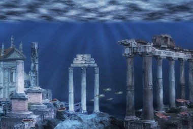 Illustration of the ruins of the Atlantis civilization. Underwater ruins clipart