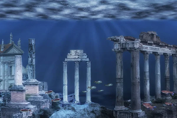 亚特兰蒂斯文明废墟的例证 水下遗址 — 图库照片