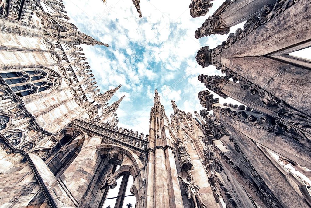 The architecture of the Cathedral of Milan, Italy