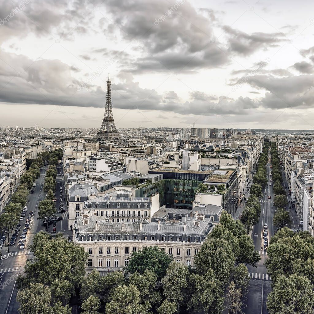 Paris city at sunset with the Eiffel tower