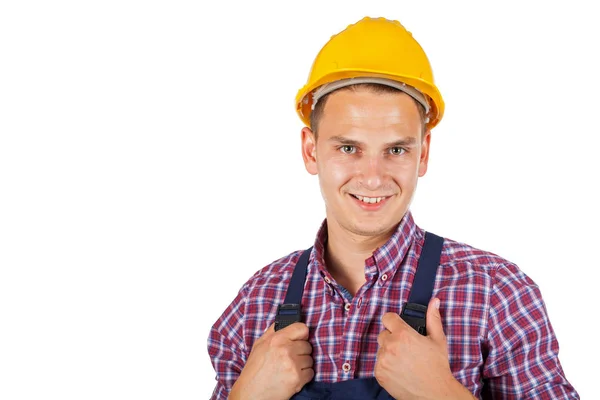 自信的建筑工人与黄色帽子微笑的摄像头在孤立的背景下 — 图库照片