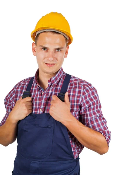 Trabalhador Construção Confiante Com Chapéu Amarelo Sorrindo Para Câmera Fundo — Fotografia de Stock